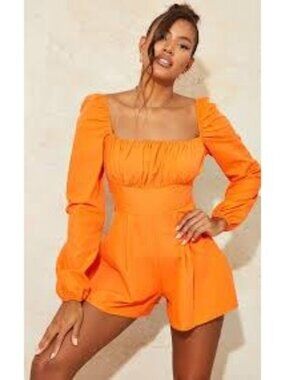 PrettyLittleThings Bright Orange Tie Back Long Sleeve Romper Size 2